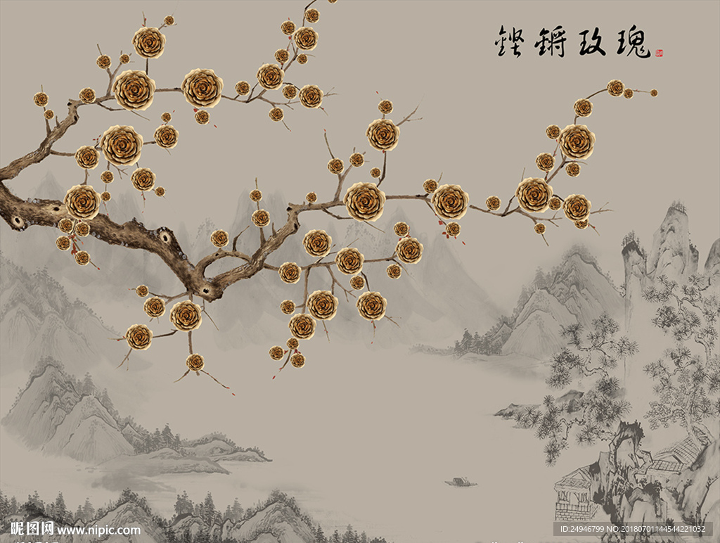 中式玫瑰花山水影视背景墙