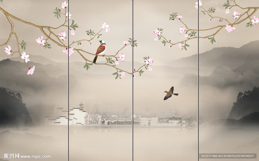 大型高清山水花鸟屏风隔断背景壁