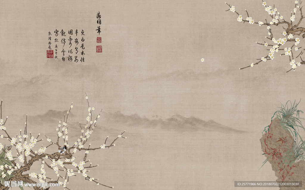 大型古典山水花鸟鸟鸣涧背景