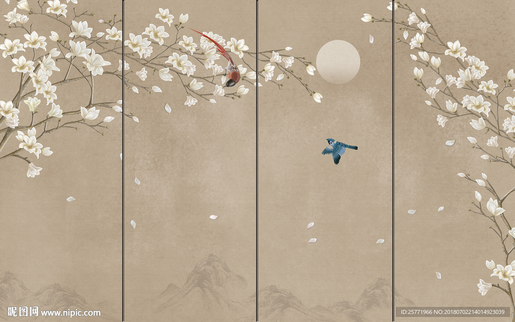 大型古典花鸟屏风隔断背景
