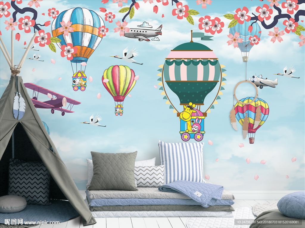 卡通热气球儿童卧室背景墙