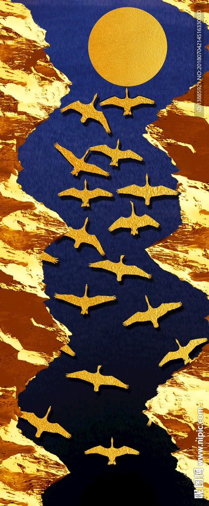 高档金色家装玄关飞鹤金箔山水