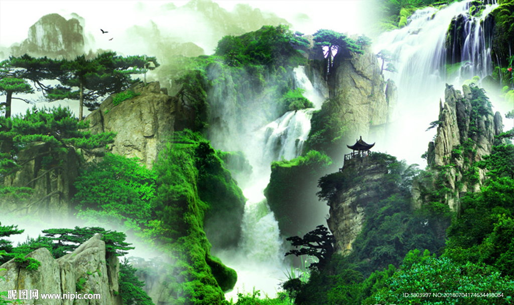 山水风景画 瀑布山水