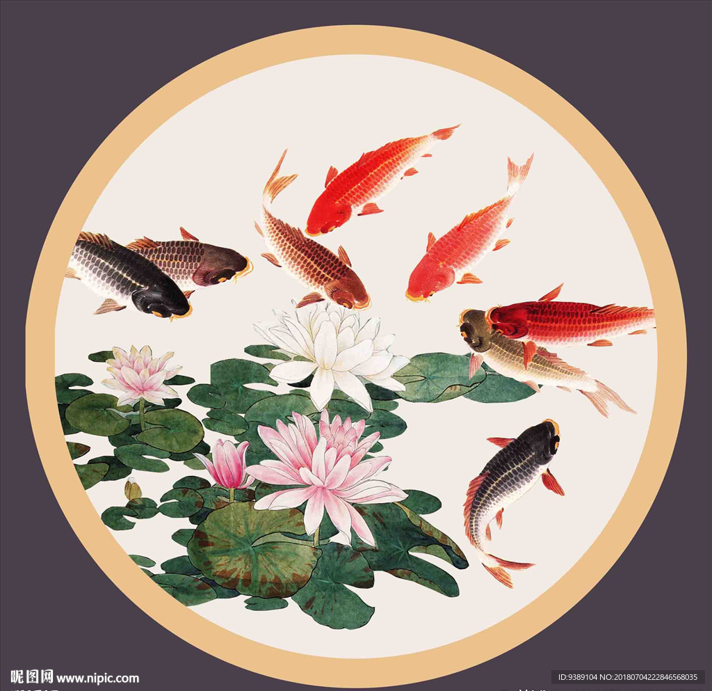 荷花九鱼图