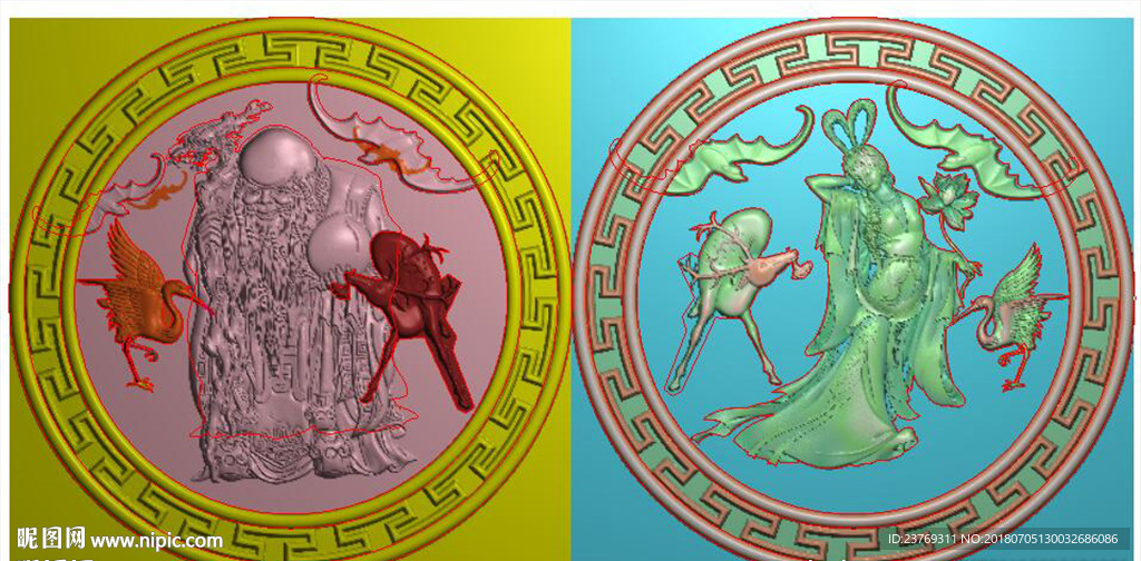 圆形回纹框寿星仙姑棺材后挡精雕