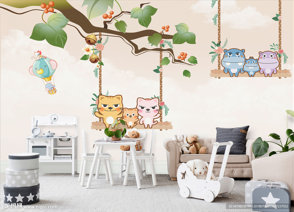 卡通动物荡秋千儿童卧室背景墙