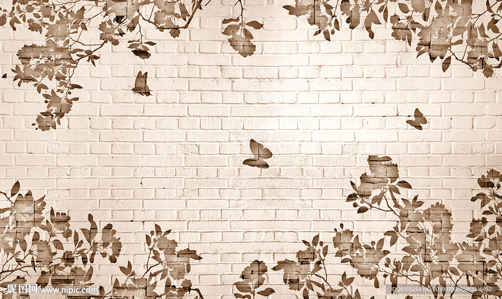 简约花卉蝴蝶砖墙电视背景墙