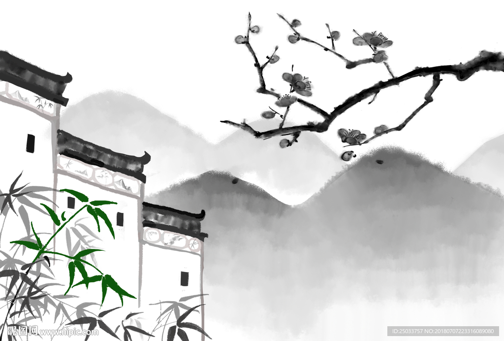 徽派水墨素雅梅花山水创意背景底