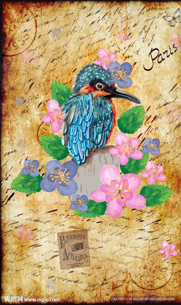 欧式复古花鸟壁画