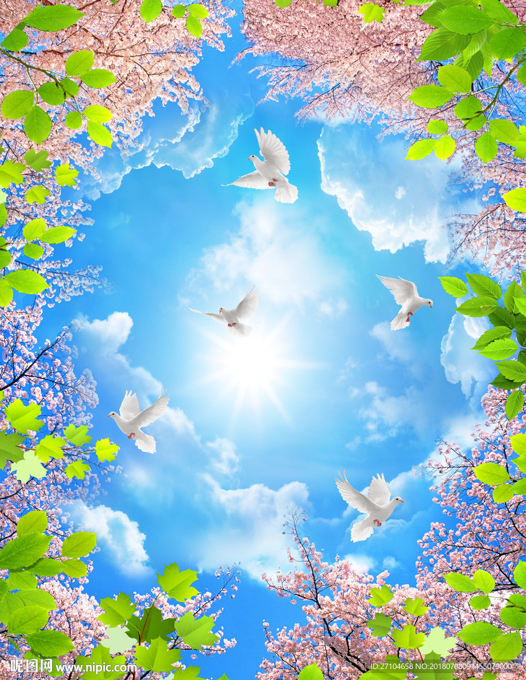 树叶蓝天白云天顶吊顶背景墙