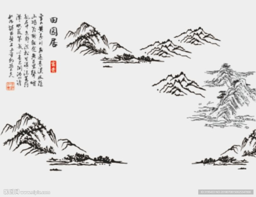 田园居 山水画矢量 硅藻泥图案