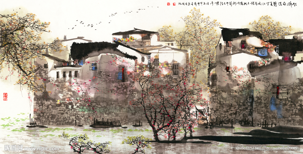 江南水乡中国画水墨水彩背景底纹