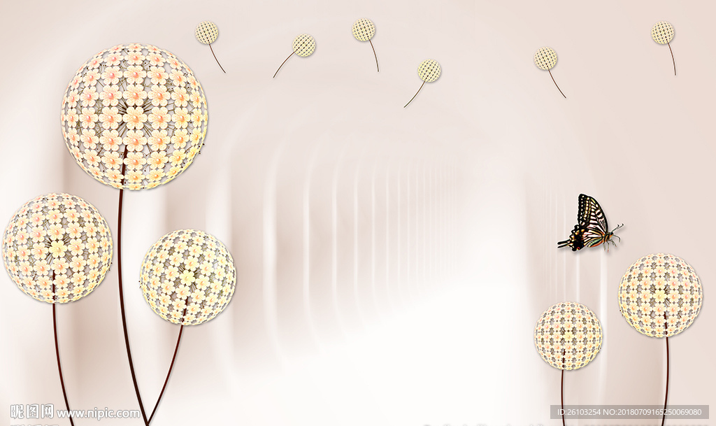 现代花卉蝴蝶3D空间电视背景墙