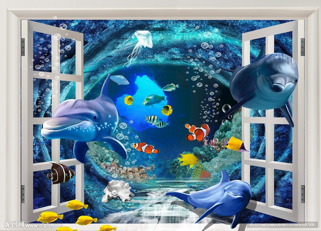 3D窗外海底世界隧道背景墙壁画