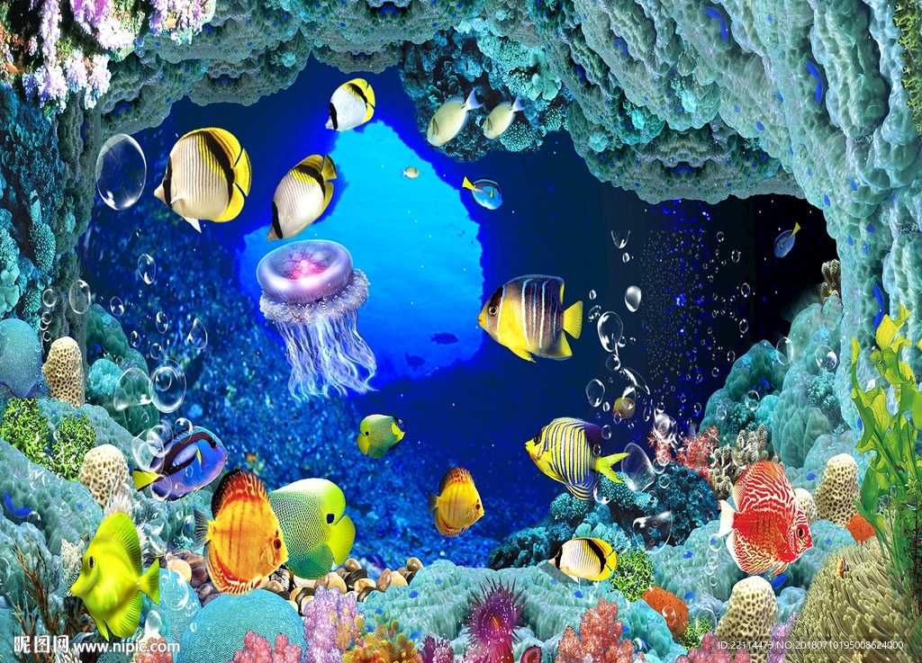 3D蔚蓝海底隧道电视背景墙壁画