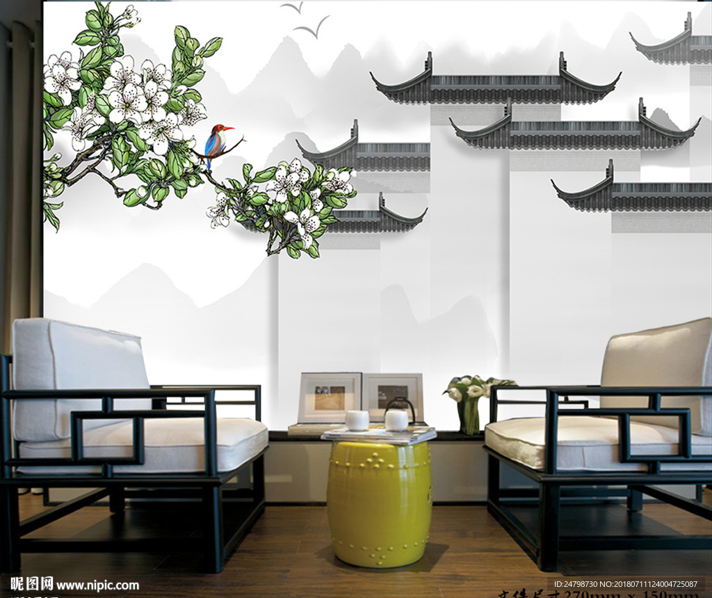 新中式水墨徽派建筑背景墙
