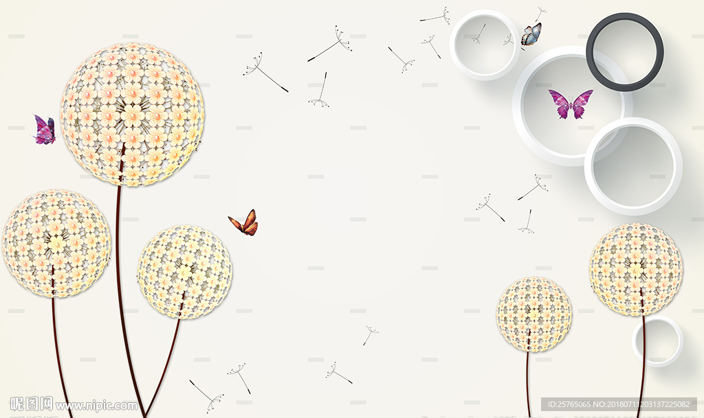 现代花卉蝴蝶简约圈圈电视背景墙