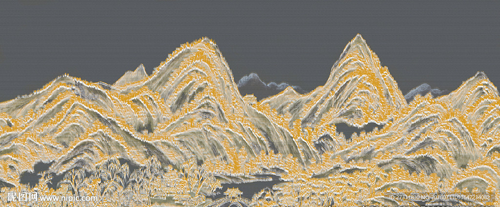 新中式山水柔美线描壁画