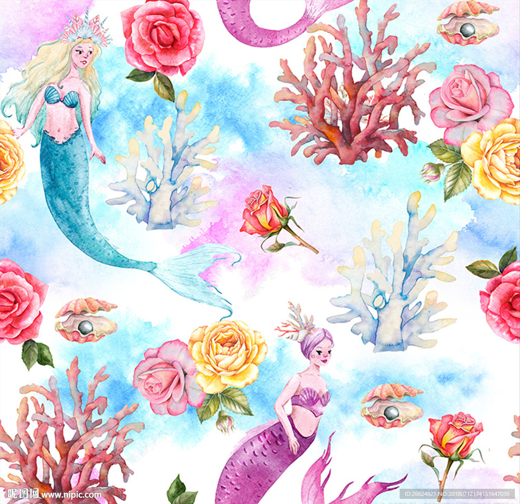 家纺水彩美人鱼珊瑚花卉图案素材