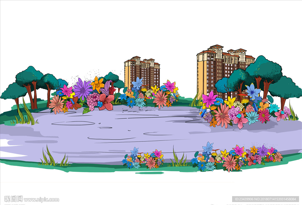 手绘地产湿地 推窗看湖插画