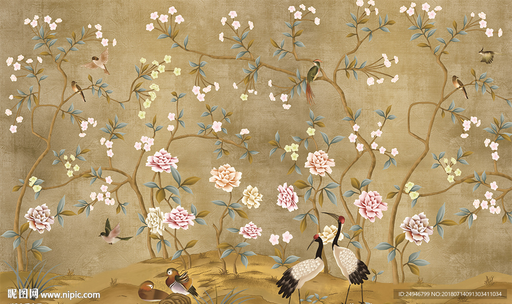 中式金色手绘花鸟影视背景墙