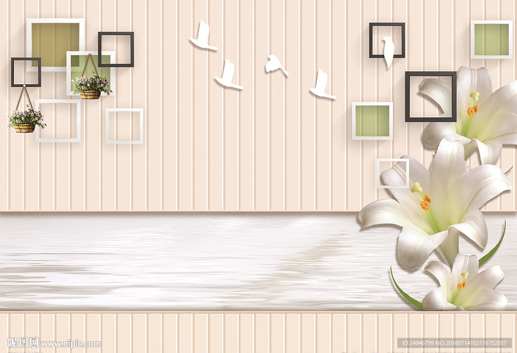 时尚3D百合花飞鸟影视背景墙