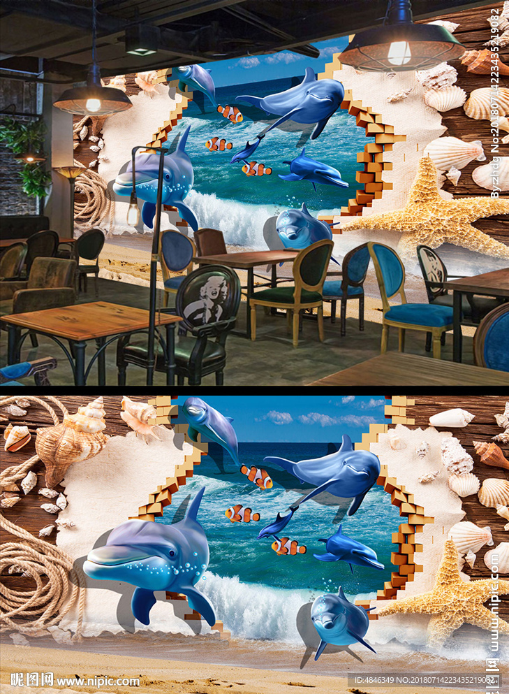 3D海豚破墙而入背景墙