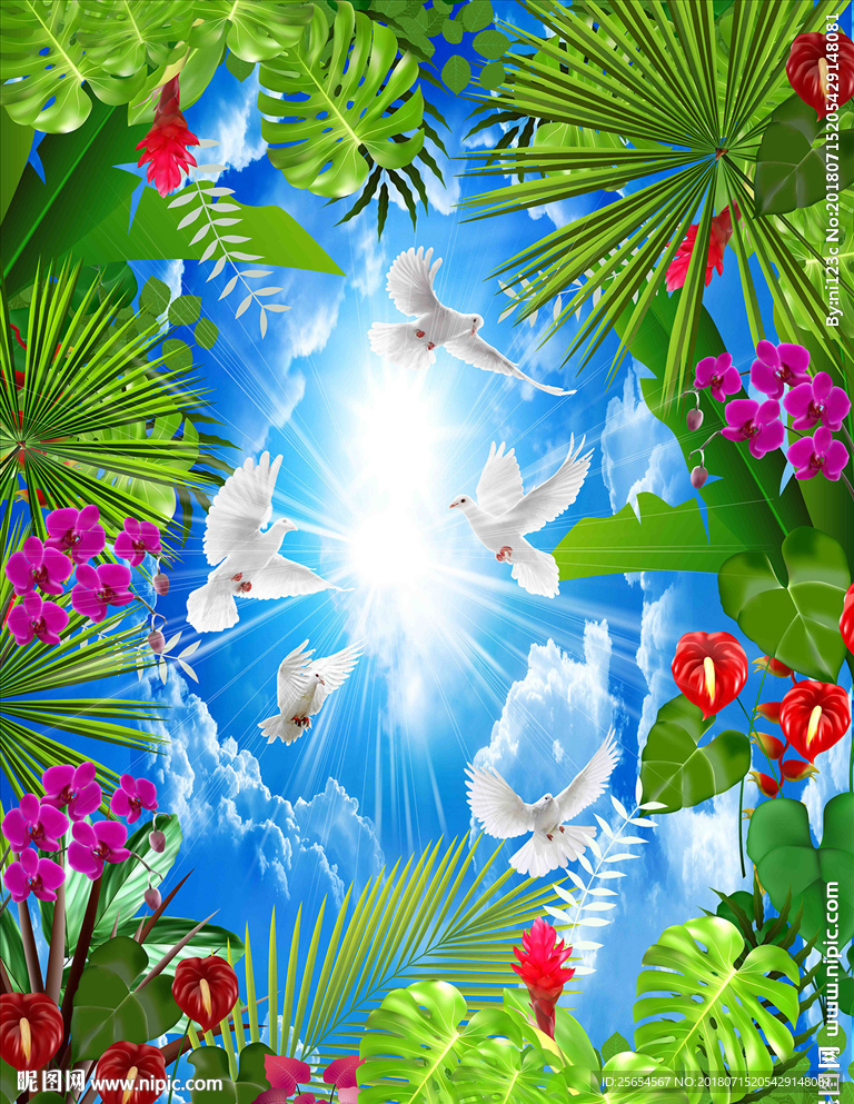 蓝天白云花草天空天顶壁画