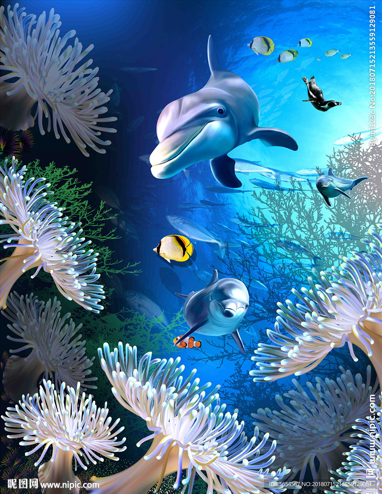 美丽海底世界海豚天顶吊顶地画图片