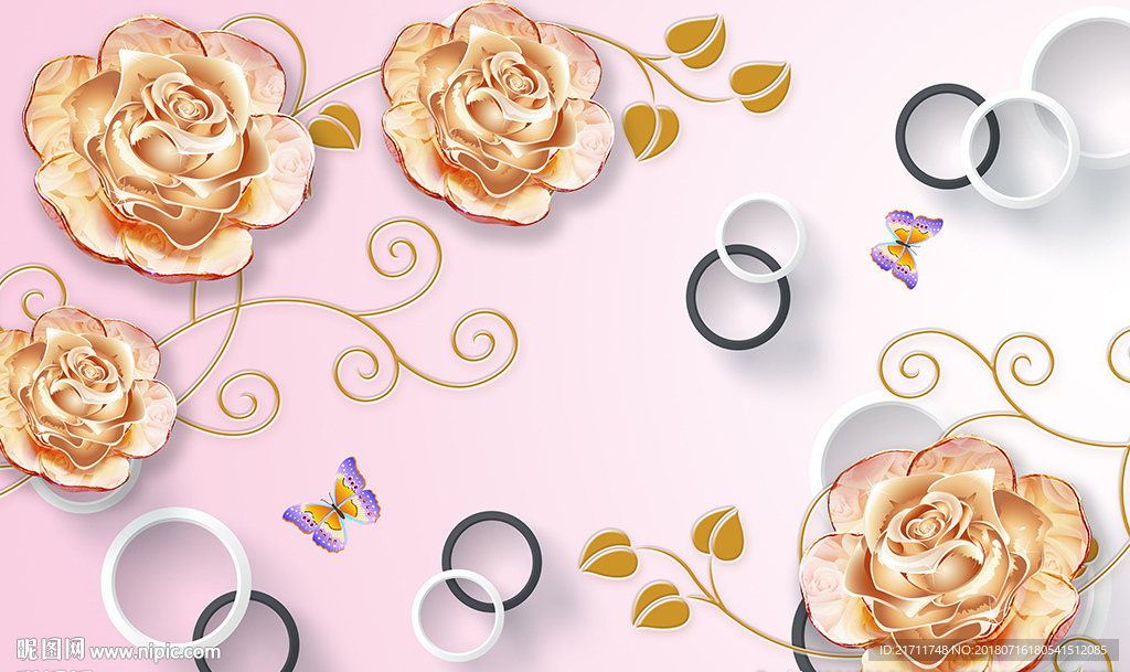 彩雕花卉蝴蝶简约圈圈电视背景墙