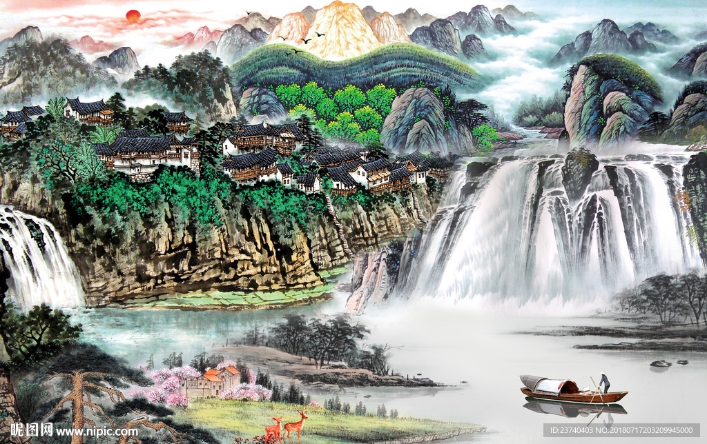 山水国画电视背景墙