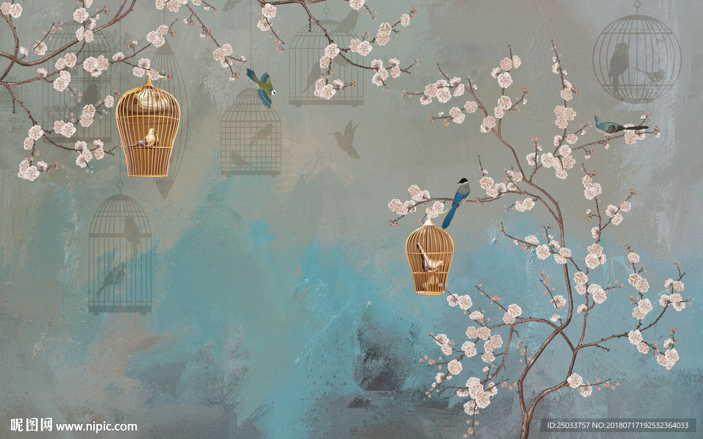 欧式鸟笼中式梅花创意背景底纹素
