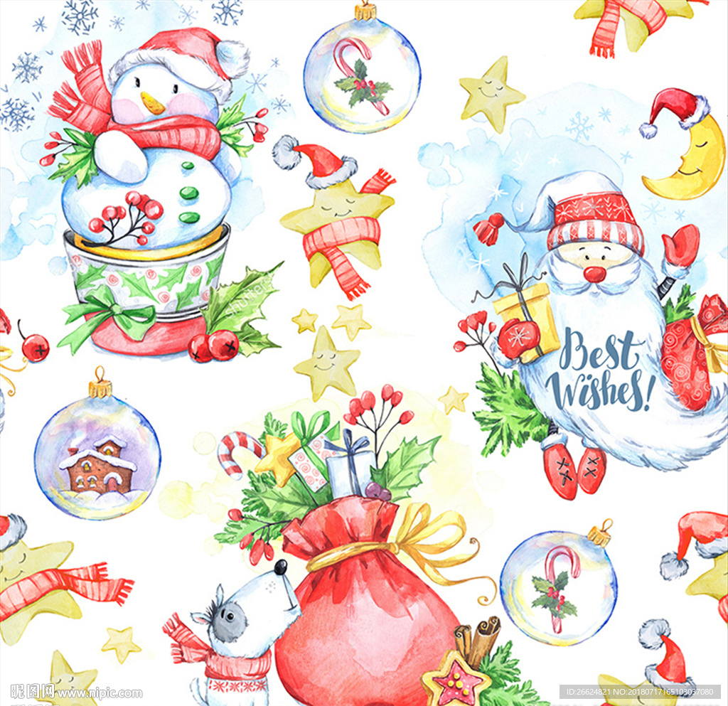 家纺水彩圣诞老人雪人印花图案