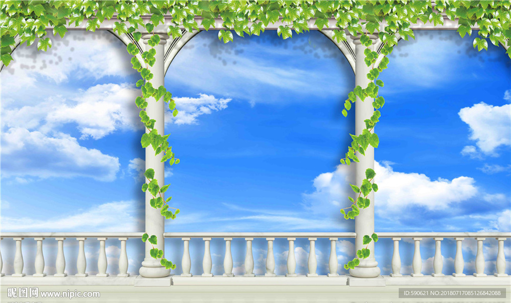 3D罗马柱天空背景墙壁画