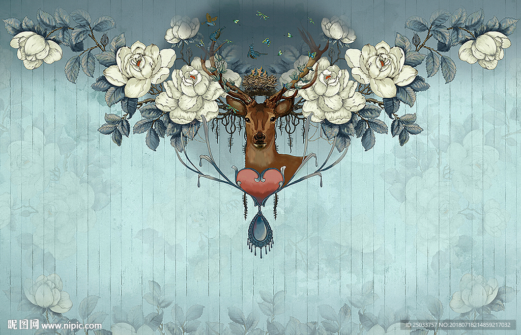 北欧麋鹿插画艺术墙面背景底纹素