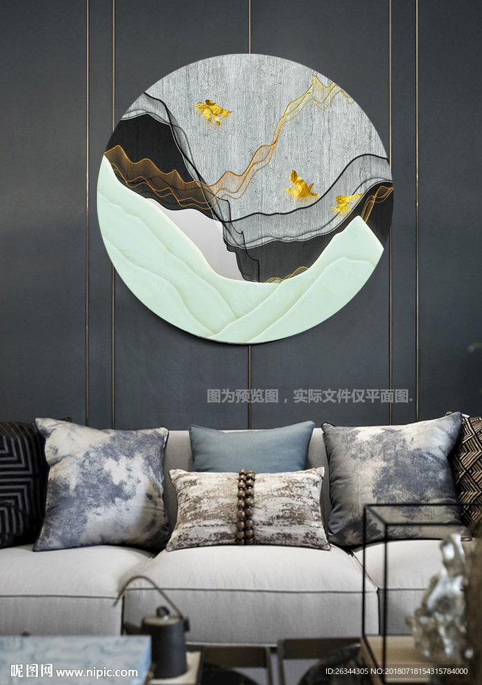 金色抽象山水飞鸟圆形装饰画