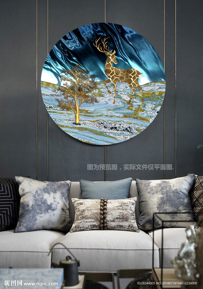 新中式圆形发财树麋鹿装饰画