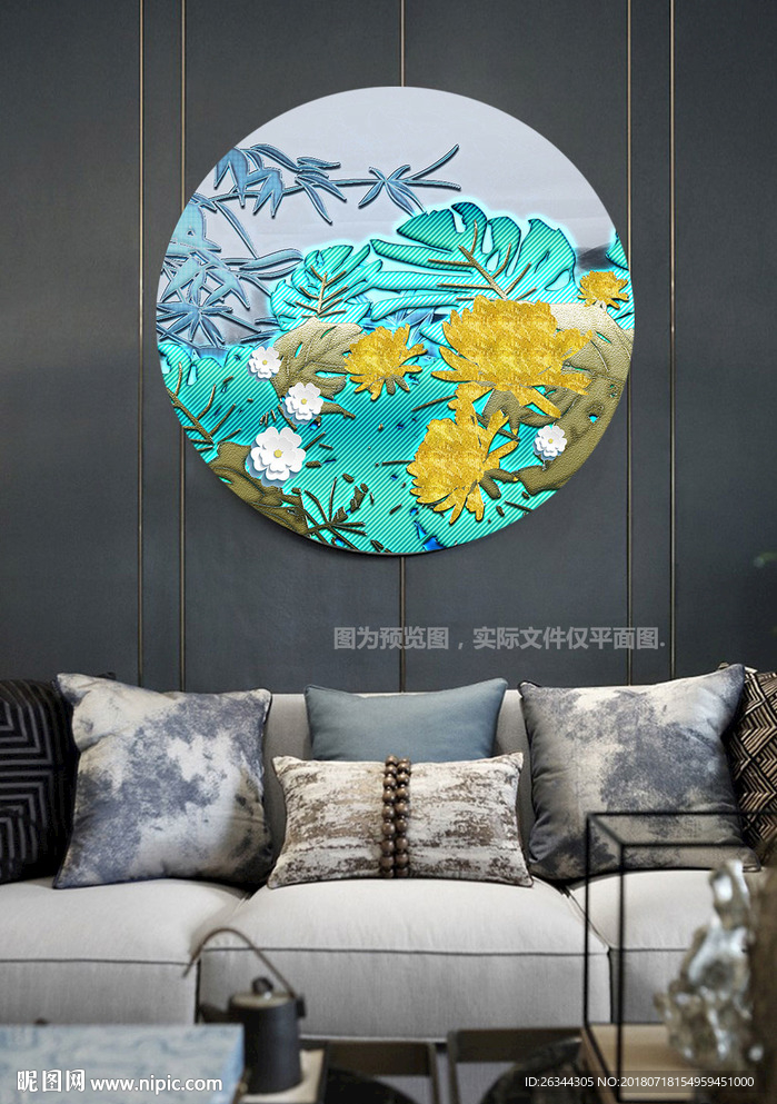新中式花鸟玄关圆形装饰画