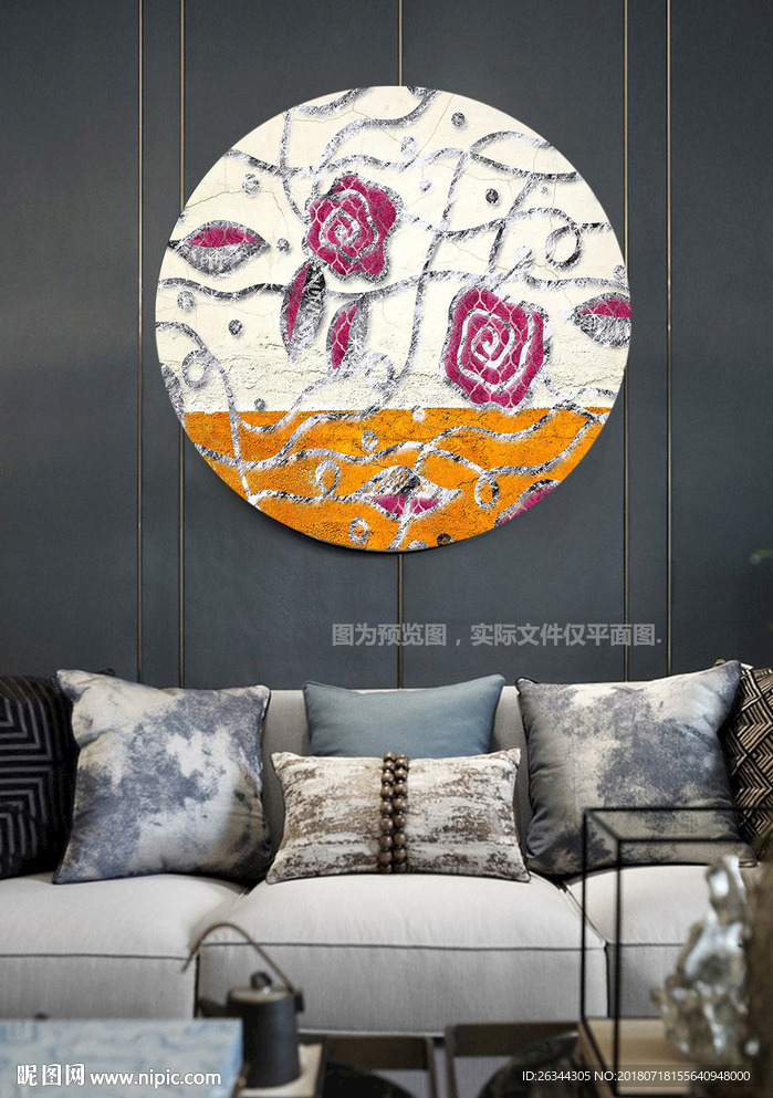 金色花鸟圆形玄关装饰画无框画
