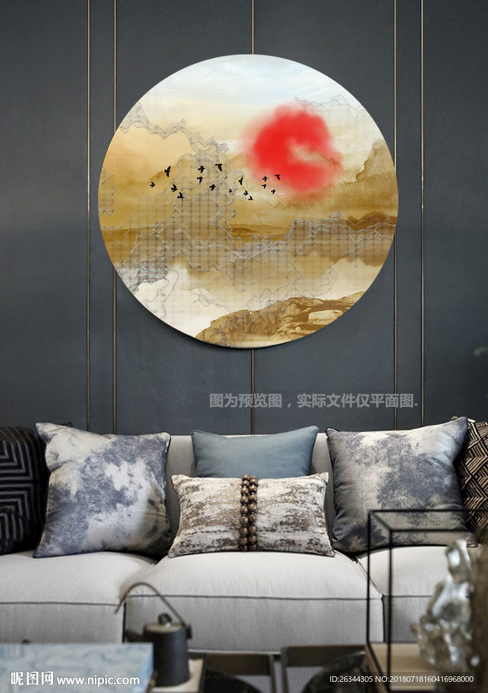 圆形新中式抽象飞鸟无框装饰画