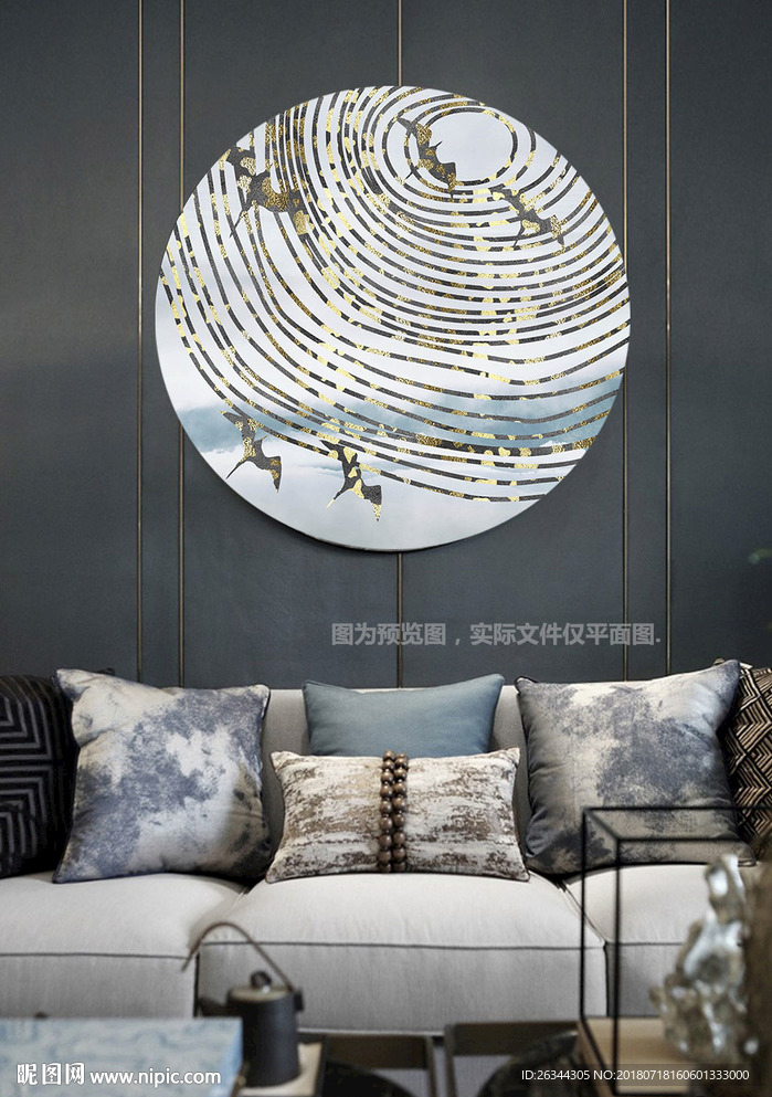 新中式抽象线条金色圆形装饰画