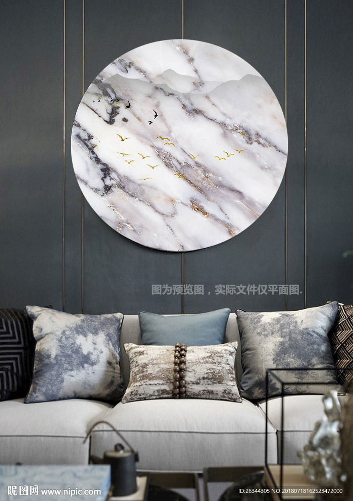 金色大理石新中式玄关圆形装饰画