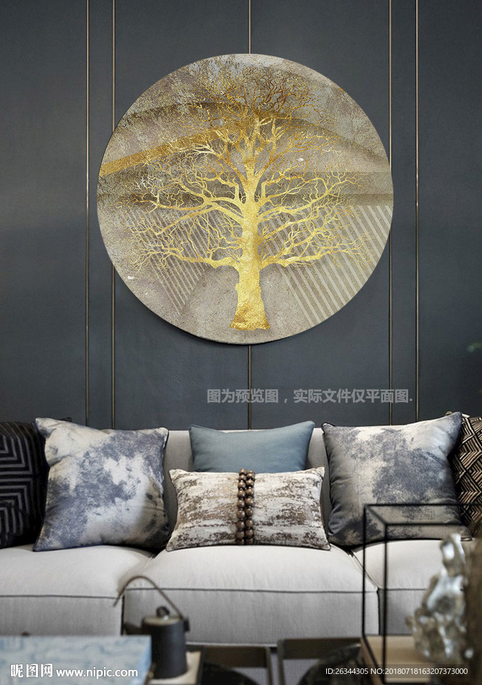 金色别墅发财树奢华圆形装饰画