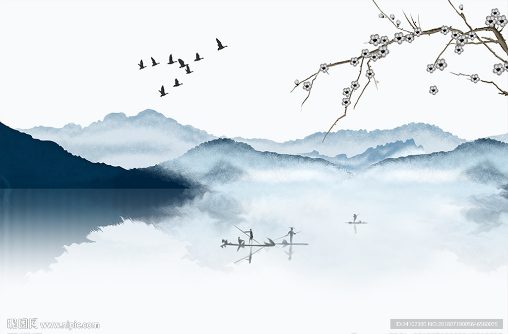 中式简约水墨花鸟意境山水背景