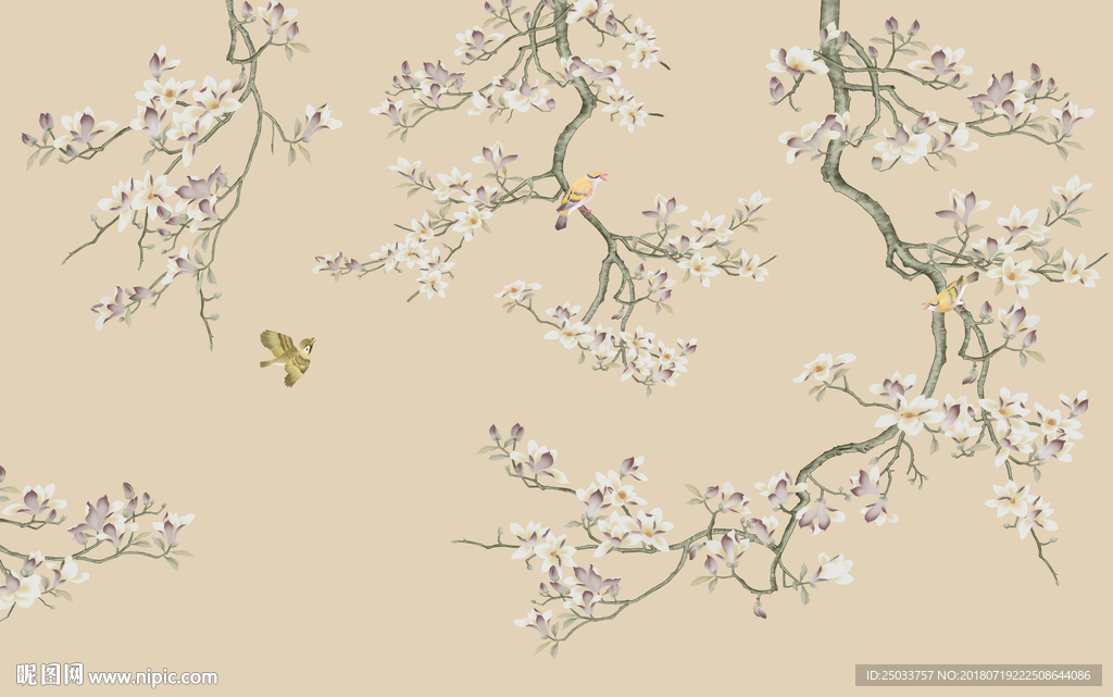 鸟树枝古典玄关屏风中国画水墨风