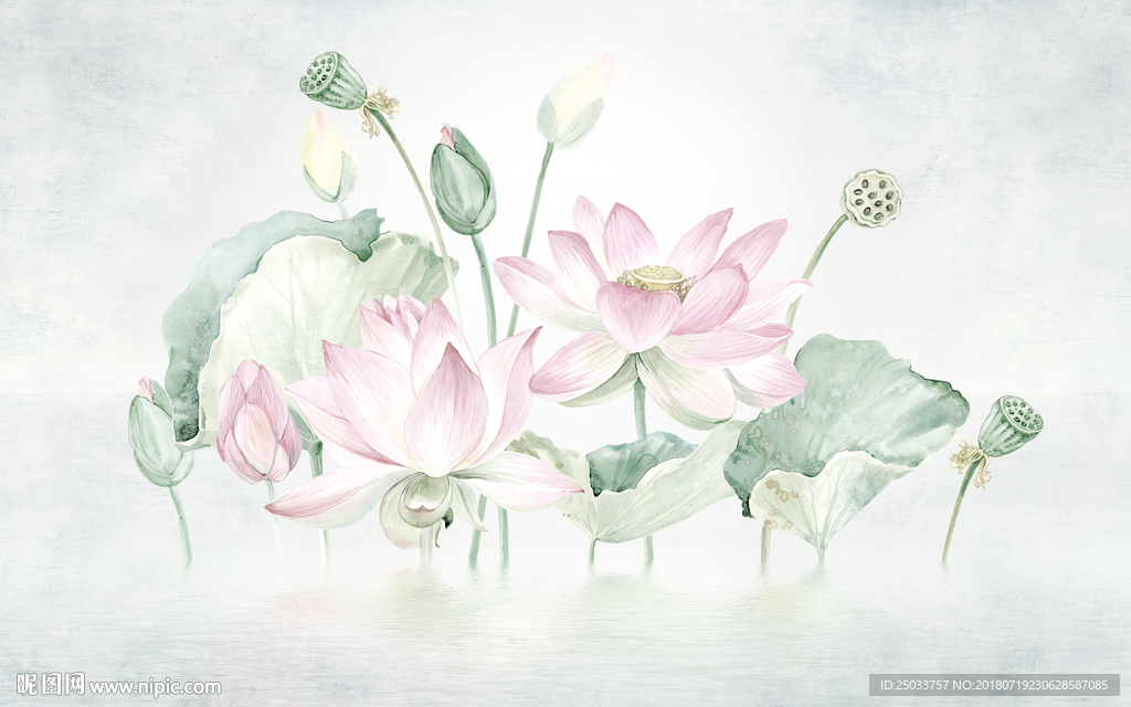 清新油画中式荷花莲蓬玄关屏风背