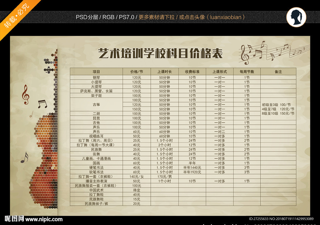 艺术培训价目表