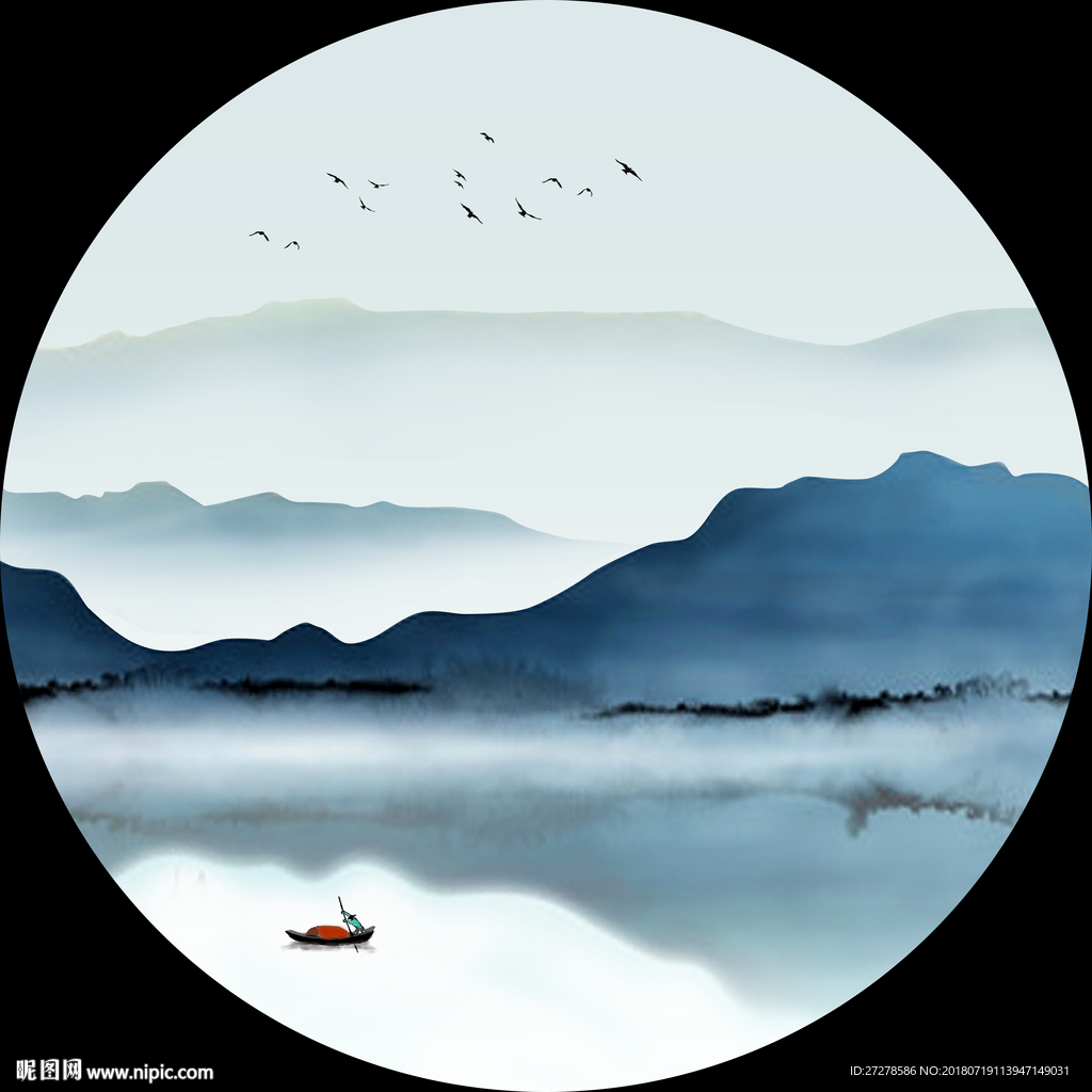 圆形蓝色抽象山水装饰画