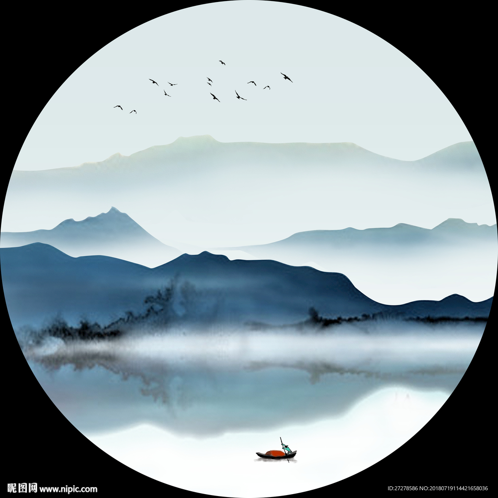 蓝色简约山水装饰画挂画