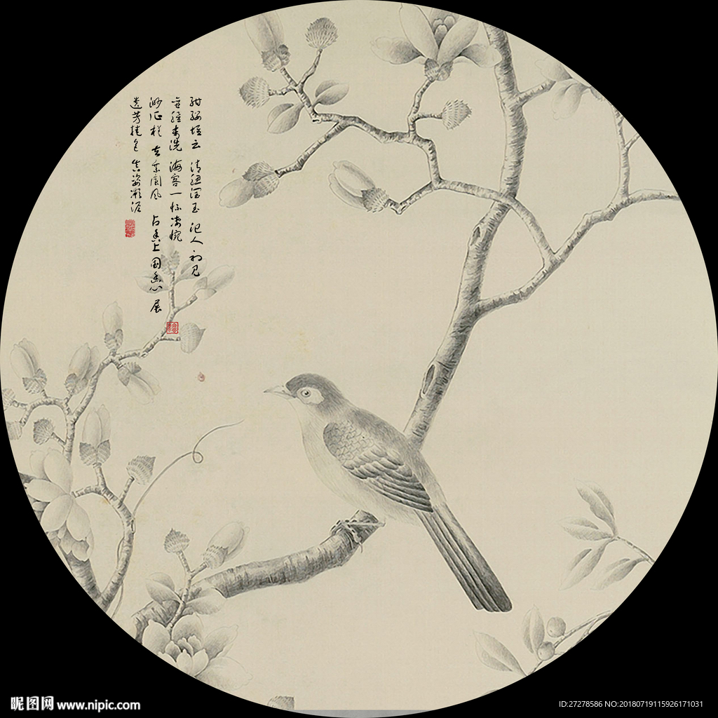 圆形古典花鸟画装饰画